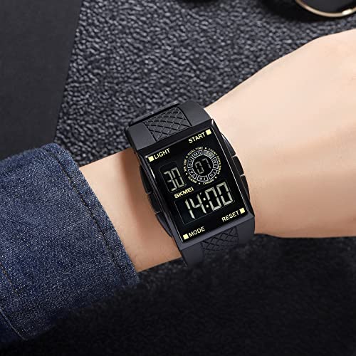 FANMIS Men's Rectangle Dial Sports Wrist Watches with Green LED Backlight Multifunctional Alarm Stopwatch 12/24H Rubber Strap Watch (P Gold) - Image 5