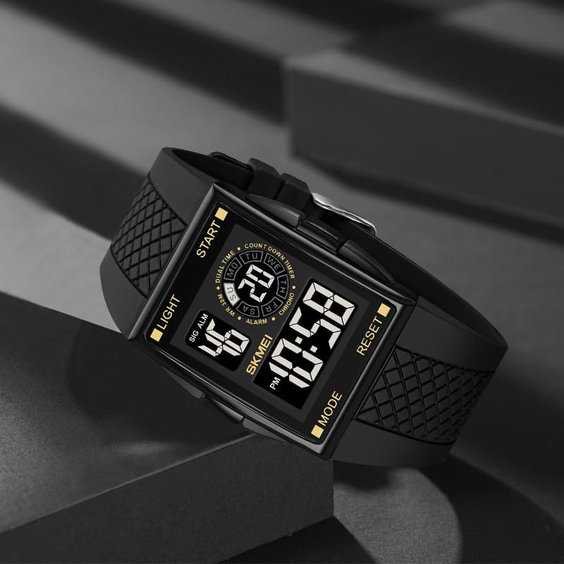 FANMIS Men's Rectangle Dial Sports Wrist Watches with Green LED Backlight Multifunctional Alarm Stopwatch 12/24H Rubber Strap Watch (P Gold) - Image 4