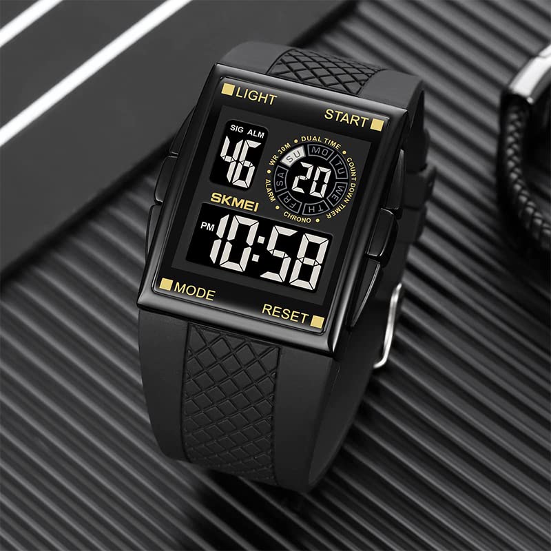 FANMIS Men's Rectangle Dial Sports Wrist Watches with Green LED Backlight Multifunctional Alarm Stopwatch 12/24H Rubber Strap Watch (P Gold) - Image 3