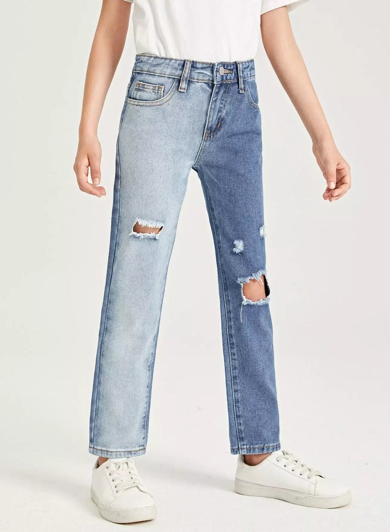 Girls High Waist Ripped Two Tone Straight Leg Jeans  - Image 1