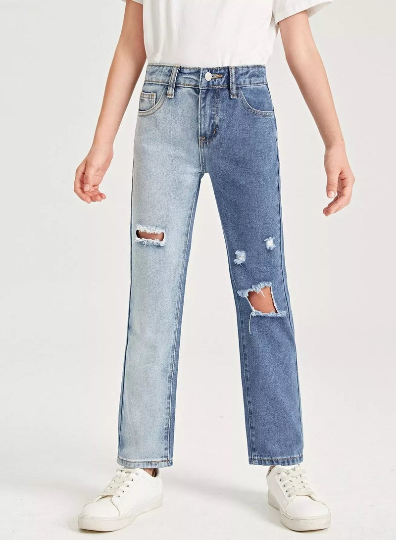 Girls High Waist Ripped Two Tone Straight Leg Jeans  - Image 4
