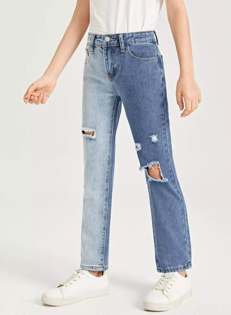 Girls High Waist Ripped Two Tone Straight Leg Jeans  - Image 5