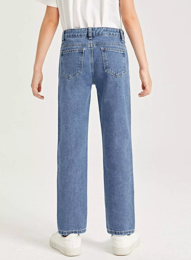 Girls High Waist Ripped Two Tone Straight Leg Jeans  - Image 2