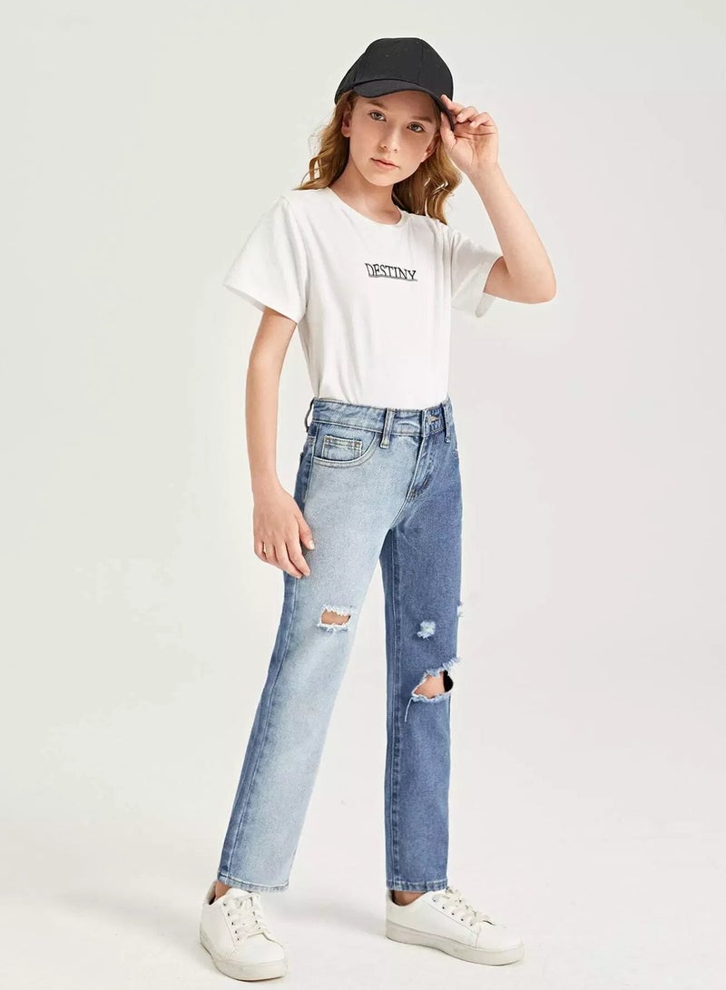 Girls High Waist Ripped Two Tone Straight Leg Jeans  - Image 3