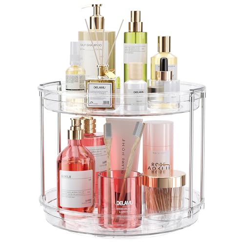 LAMU 10.6in Rotating Makeup Organizer for Vanity, 2 Tier Lazy Susan Turntable Stackable Spinning Skincare Organizer Cosmetic Perfume Tray for Bathroom Counter, Large Capacity, Clear - Image 1