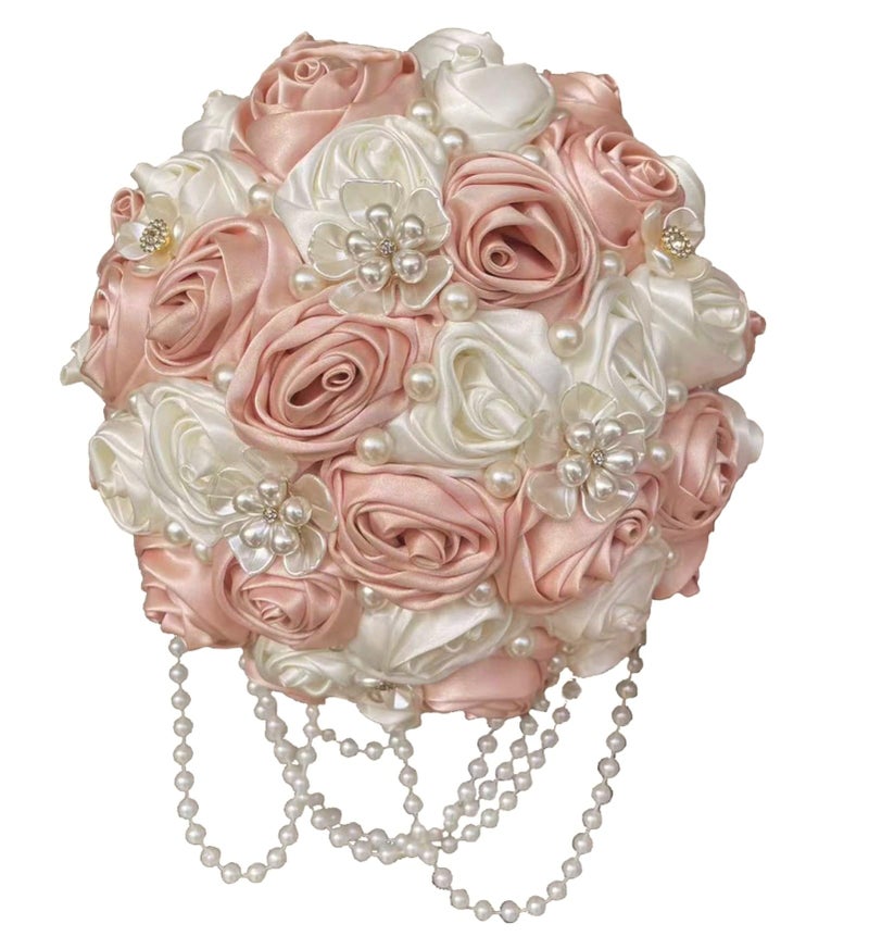 Gkvszy Pink Bridal Wedding Bouquet with Brooch Pearl String Cascade Bouquet for Bride Bridesmaid Quinceanera Satin Rose Flower Bouquet Wedding Pink and Ivory 8.7in - Image 1