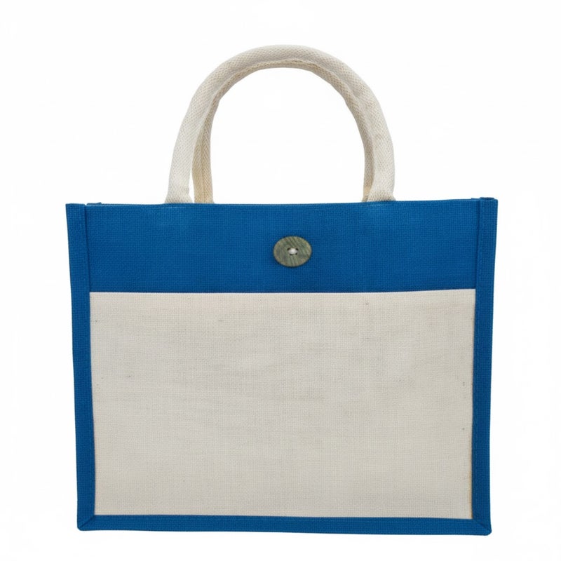 12 PIECES - Jute Shopping Tote Bag with Cotton Pocket,Two-Tone Button Closure (NATURAL JUTE/BLUE CANVAS WITH BOTTON) 41 X 33 X 15 - Image 1