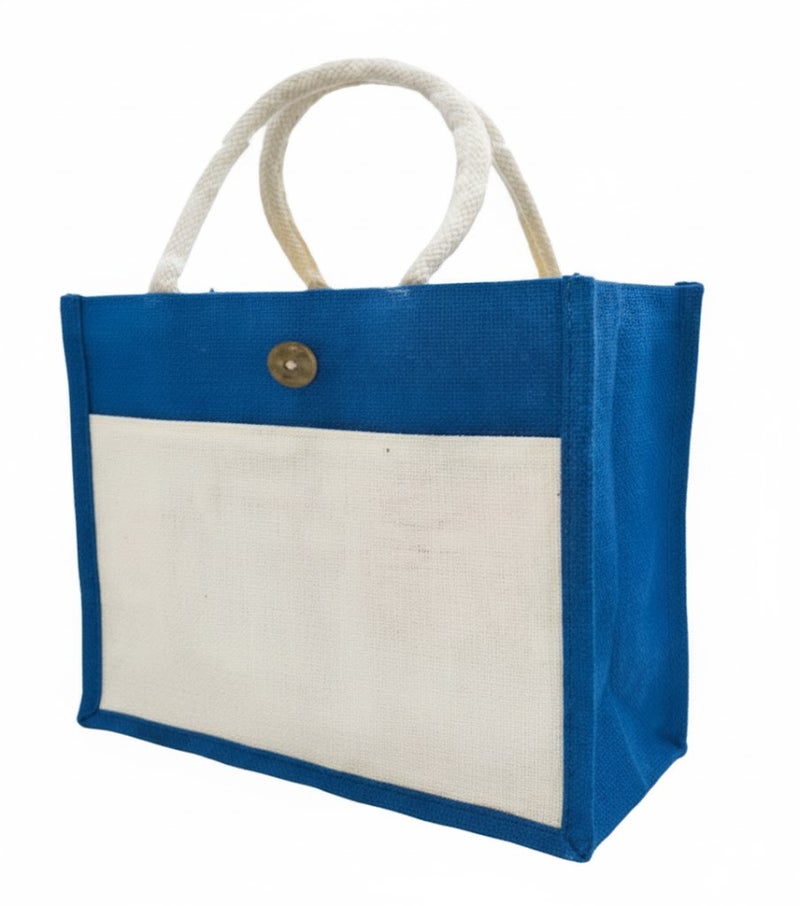 12 PIECES - Jute Shopping Tote Bag with Cotton Pocket,Two-Tone Button Closure (NATURAL JUTE/BLUE CANVAS WITH BOTTON) 41 X 33 X 15 - Image 2