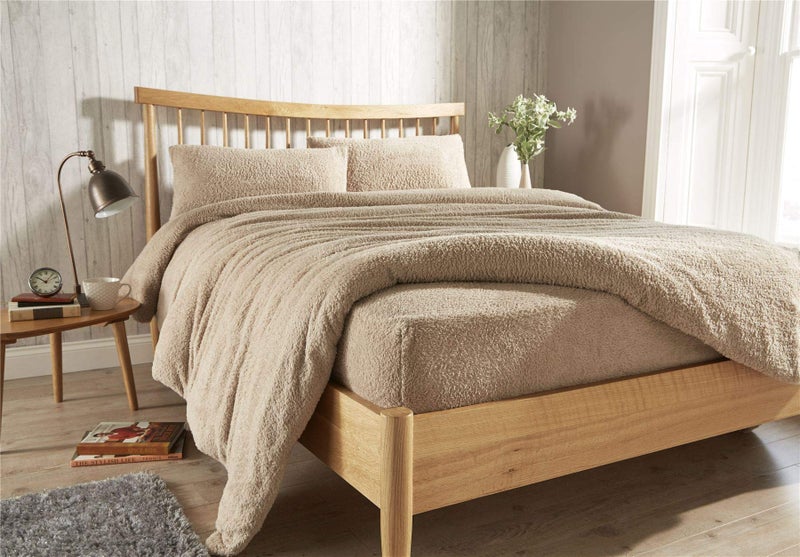 Olivia Rocco Teddy Fleece Extra Deep Fitted Sheet Cosy Warm Fluffy Fitted Bed Sheets Single Taupe