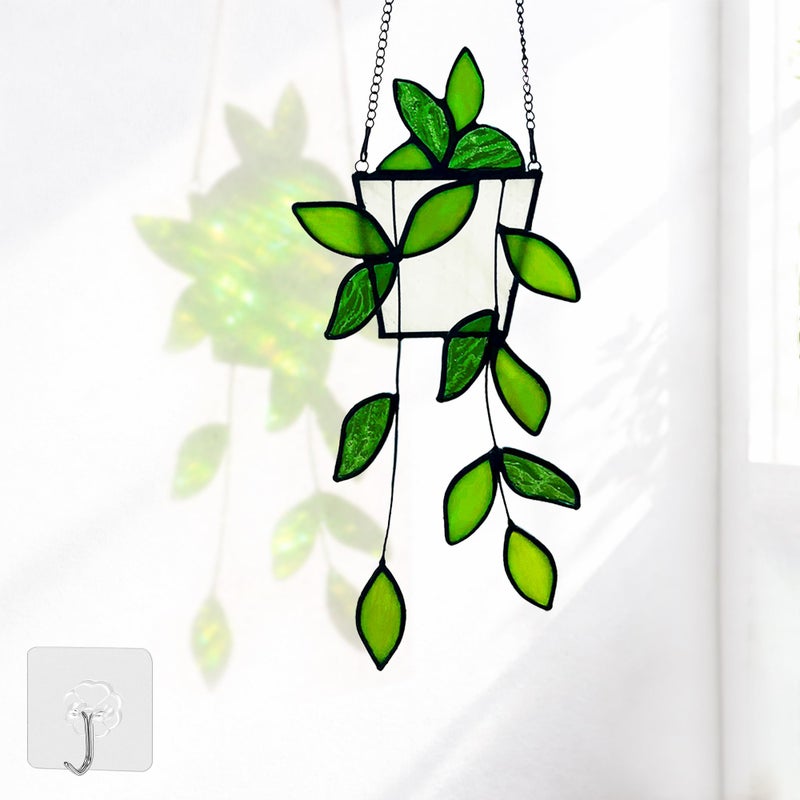 Royxen Plant Stained Glass,Stained Glass Window Hanging,Real Handmade Suncatcher,Artificial Green Plants Decor Gift for Women Mom Grandma Plant Lovers,Sun Catcher for Home Windows (Green) - Image 1