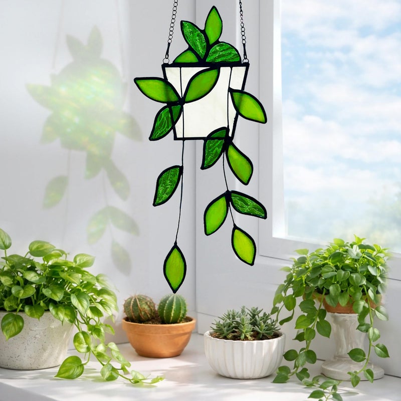 Royxen Plant Stained Glass,Stained Glass Window Hanging,Real Handmade Suncatcher,Artificial Green Plants Decor Gift for Women Mom Grandma Plant Lovers,Sun Catcher for Home Windows (Green) - Image 4