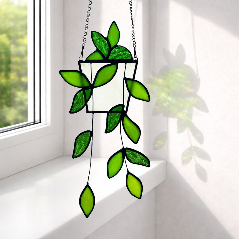 Royxen Plant Stained Glass,Stained Glass Window Hanging,Real Handmade Suncatcher,Artificial Green Plants Decor Gift for Women Mom Grandma Plant Lovers,Sun Catcher for Home Windows (Green) - Image 2