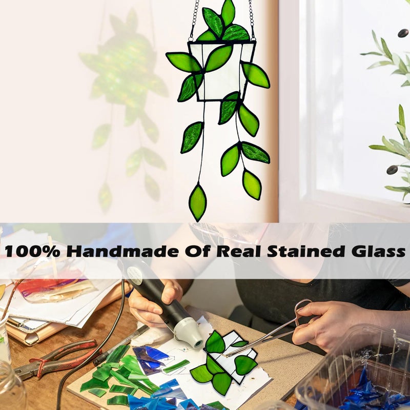Royxen Plant Stained Glass,Stained Glass Window Hanging,Real Handmade Suncatcher,Artificial Green Plants Decor Gift for Women Mom Grandma Plant Lovers,Sun Catcher for Home Windows (Green) - Image 5