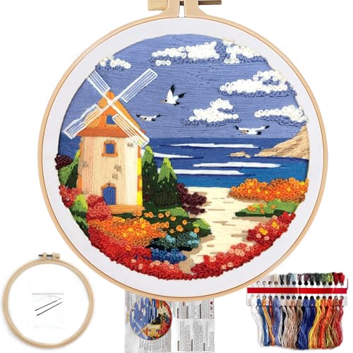 FONNUY Embroidery Kit for Beginners Boho Nature Landscape PreStamped Pattern Kits for Adults with Hoop Easy to Follow Color Thread Needlework 8 Hoop Beach House - Image 1