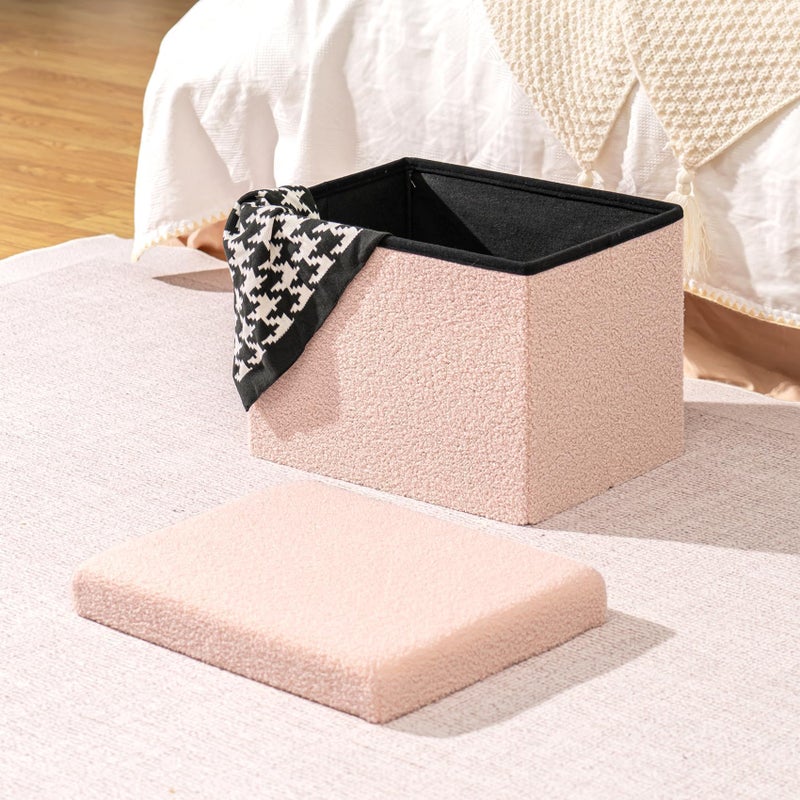 B FSOBEIIALEO Storage Ottoman Cube Small Sherpa Ottoman Foot Rest, Foldable Portable Boucle Ottomans, Faux Teddy Fur, Pink 16.5"x12.6"x12.6" - Image 2