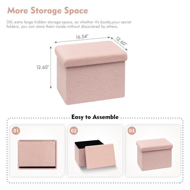 B FSOBEIIALEO Storage Ottoman Cube Small Sherpa Ottoman Foot Rest, Foldable Portable Boucle Ottomans, Faux Teddy Fur, Pink 16.5"x12.6"x12.6" - Image 5