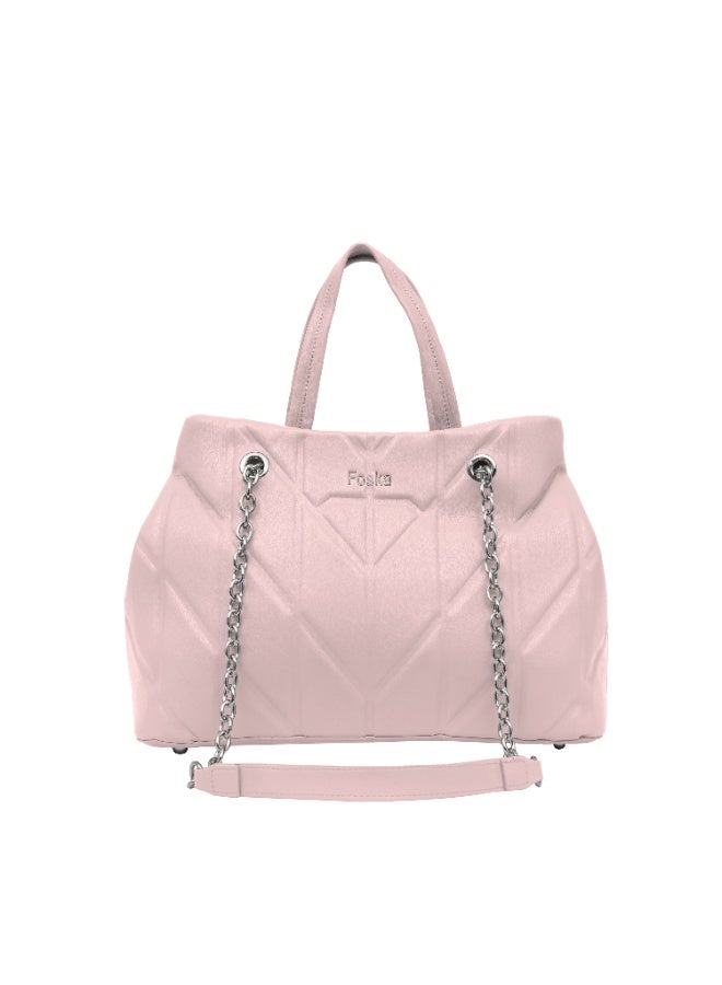 فوسكا شنطة Foska كتف نسائية جلد ناعم – تصميم أنيق بخطوط عمودية لون وردي فاتح (بينك) – مقاس 33x24 سم - Image 1