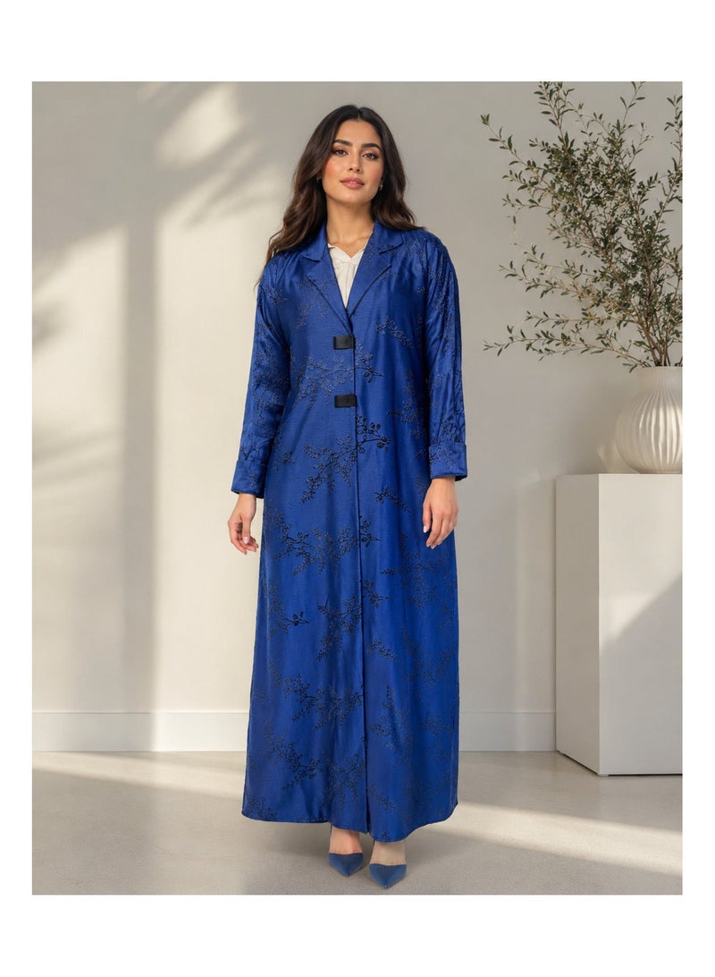 KAVALEE Women's Royal Blue Floral Jacquard Full-Length Abaya Coat with Lapel Collar - Image 1