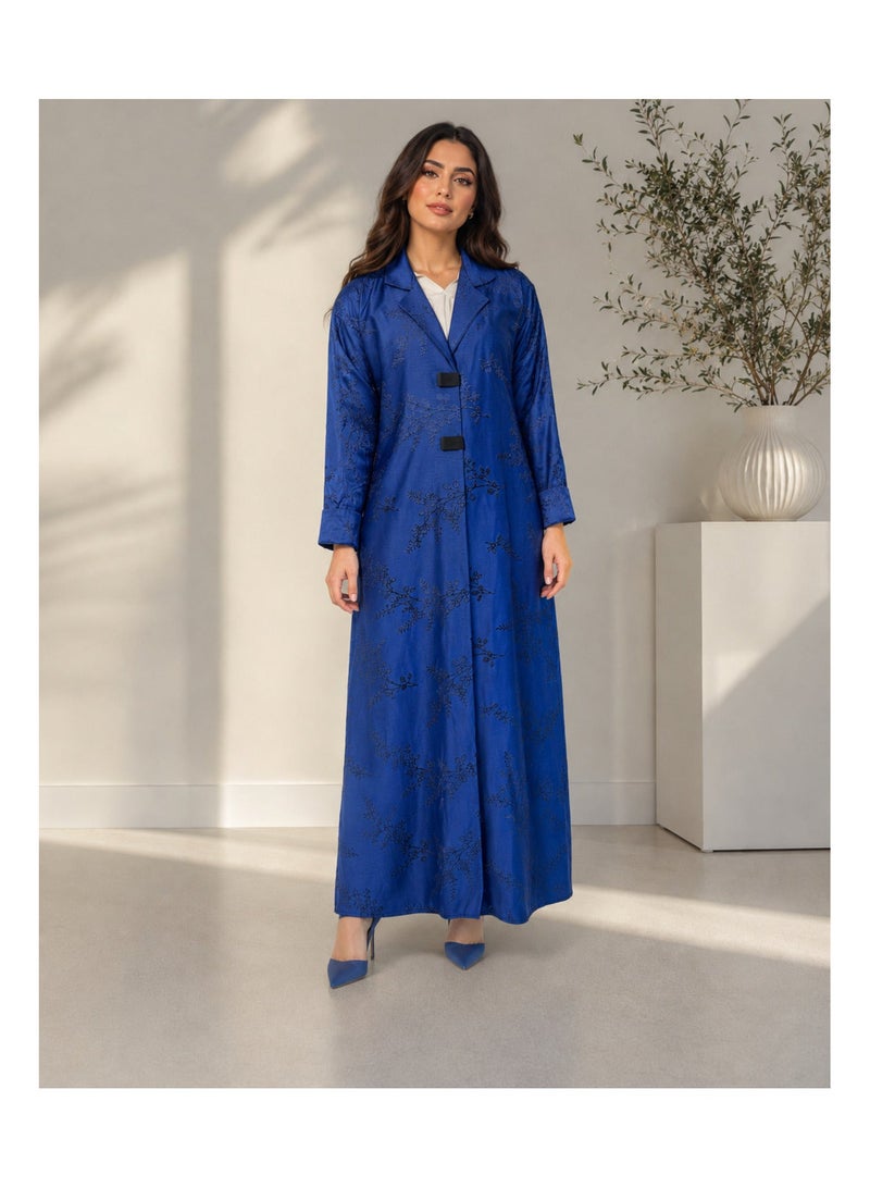 KAVALEE Women's Royal Blue Floral Jacquard Full-Length Abaya Coat with Lapel Collar - Image 5