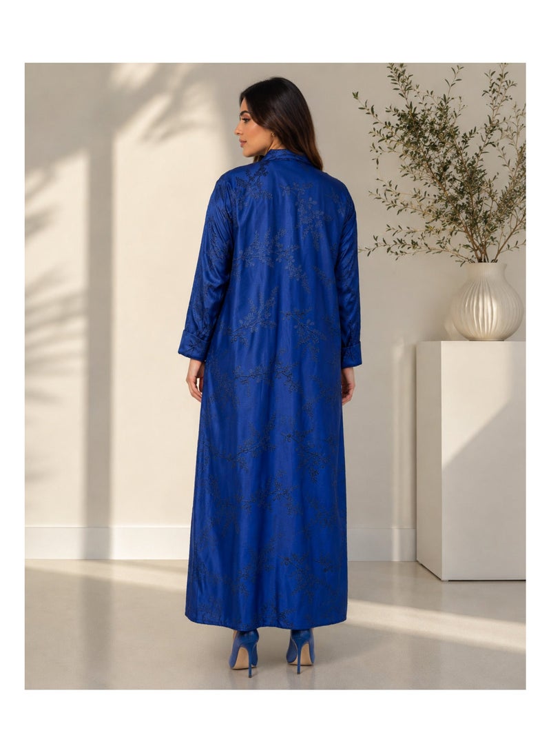 KAVALEE Women's Royal Blue Floral Jacquard Full-Length Abaya Coat with Lapel Collar - Image 2