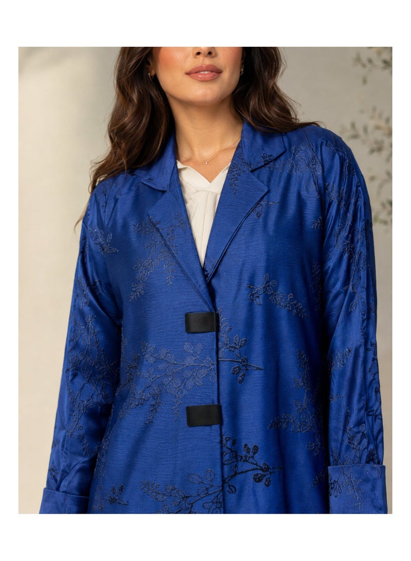 KAVALEE Women's Royal Blue Floral Jacquard Full-Length Abaya Coat with Lapel Collar - Image 3
