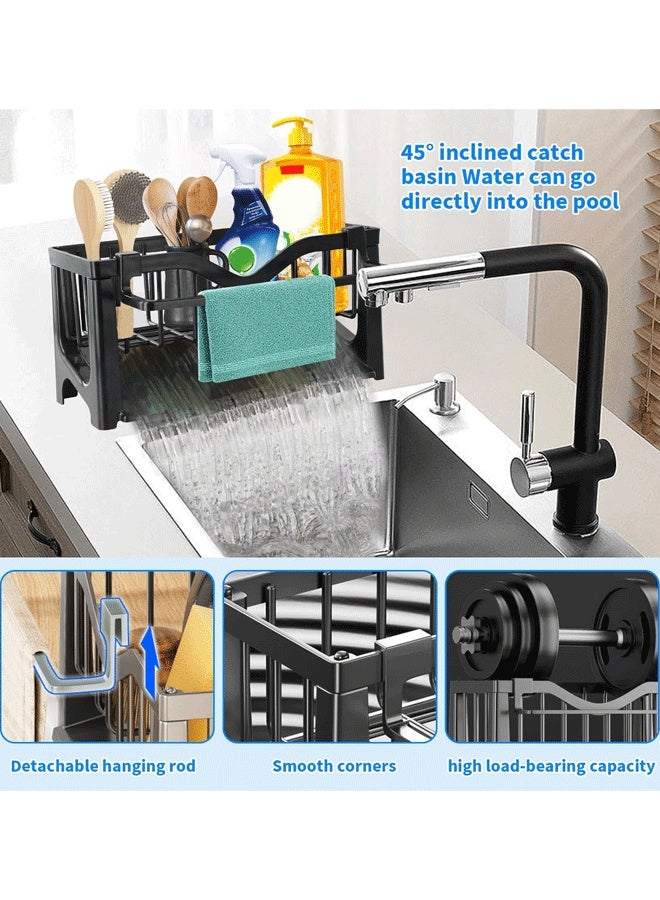 شو وو منظم حوض المطبخ، حامل حوض المطبخ، موزع صابون المطبخ، منظم حوض المطبخ مع صينية تصريف أوتوماتيكية للمطبخ والحمام، يحمل الإسفنجة والمناشف - Image 3