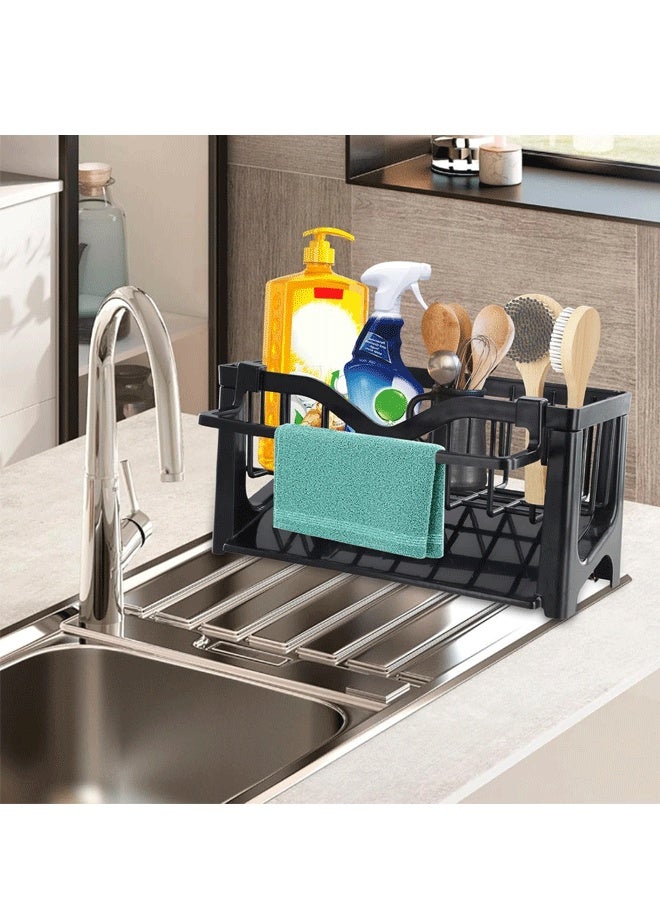 شو وو منظم حوض المطبخ، حامل حوض المطبخ، موزع صابون المطبخ، منظم حوض المطبخ مع صينية تصريف أوتوماتيكية للمطبخ والحمام، يحمل الإسفنجة والمناشف - Image 5