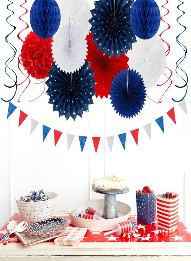 Hugtmr Fourth-4th of July Memorial-Day Party-Decorations - 31pcs Red-Blue White-Silver Patriotic Banner,Streamers Garland,Tissue Pom Poms Honeycomb,Paper Lantern Fan,Independence Graduation Decor Hugtmr - Image 4
