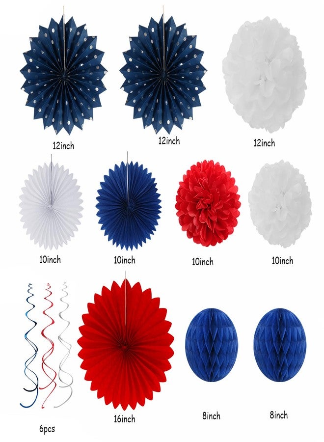 Hugtmr Fourth-4th of July Memorial-Day Party-Decorations - 31pcs Red-Blue White-Silver Patriotic Banner,Streamers Garland,Tissue Pom Poms Honeycomb,Paper Lantern Fan,Independence Graduation Decor Hugtmr - Image 2