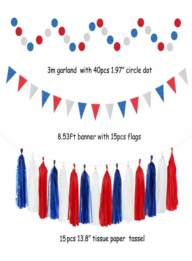Hugtmr Fourth-4th of July Memorial-Day Party-Decorations - 31pcs Red-Blue White-Silver Patriotic Banner,Streamers Garland,Tissue Pom Poms Honeycomb,Paper Lantern Fan,Independence Graduation Decor Hugtmr - Image 3