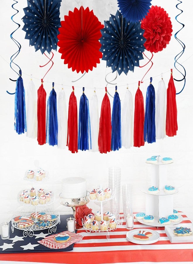 Hugtmr Fourth-4th of July Memorial-Day Party-Decorations - 31pcs Red-Blue White-Silver Patriotic Banner,Streamers Garland,Tissue Pom Poms Honeycomb,Paper Lantern Fan,Independence Graduation Decor Hugtmr - Image 5