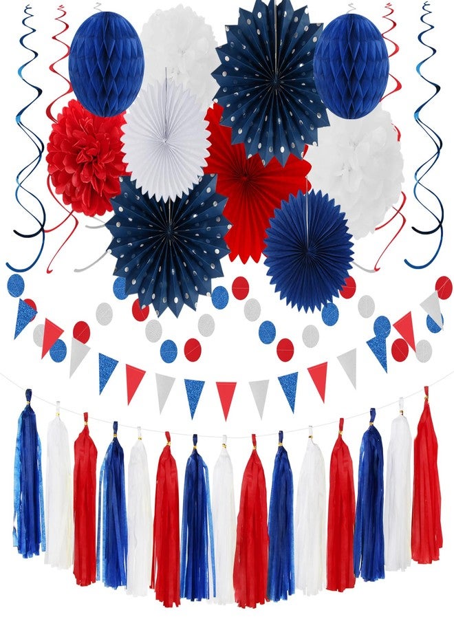 Hugtmr Fourth-4th of July Memorial-Day Party-Decorations - 31pcs Red-Blue White-Silver Patriotic Banner,Streamers Garland,Tissue Pom Poms Honeycomb,Paper Lantern Fan,Independence Graduation Decor Hugtmr - Image 1