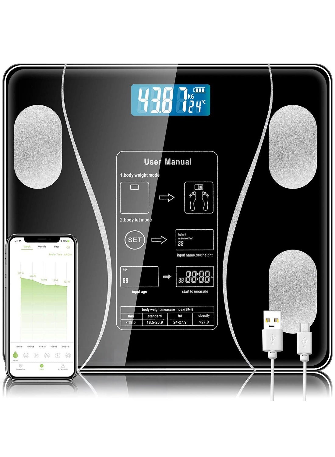 Bluetooth Body Fat Monitors Digital Scale for Bathroom Scale Measure Weight and Body Fat BMI Body Composition Analyzer Kitchen Scale (Black)