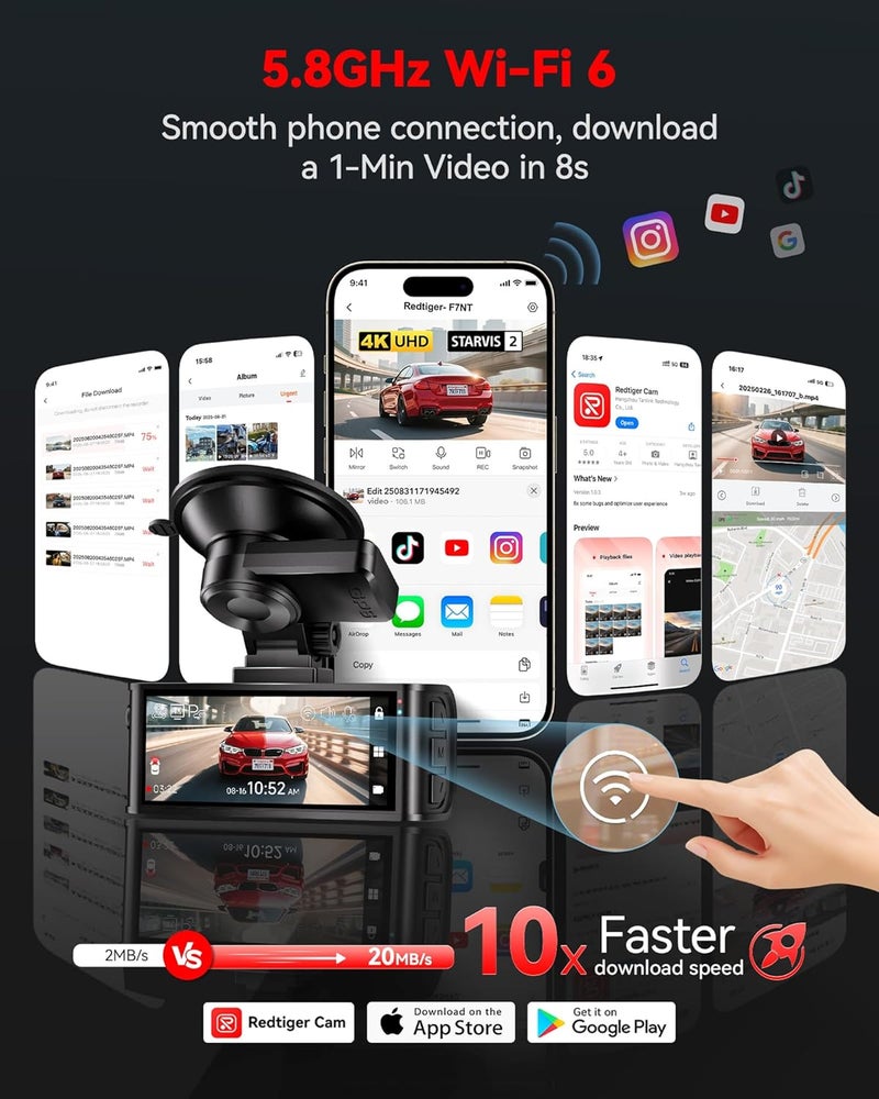 REDTIGER 4K STARVIS 2 Dash Cam Front and Rear 5GHz WiFi 20MBs Download 128GB Card Included Voice Control Dash Camera for Cars with 318 Touch Screen GPS Loop Recording Parking ModeF7N Touch - Image 5
