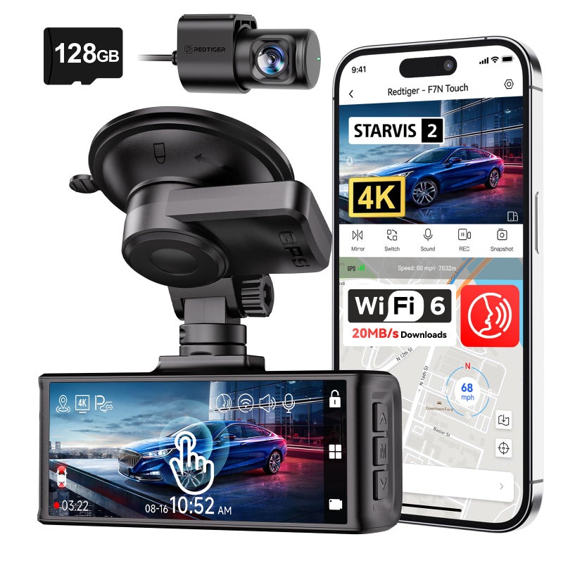 REDTIGER 4K STARVIS 2 Dash Cam Front and Rear 5GHz WiFi 20MBs Download 128GB Card Included Voice Control Dash Camera for Cars with 318 Touch Screen GPS Loop Recording Parking ModeF7N Touch - Image 2
