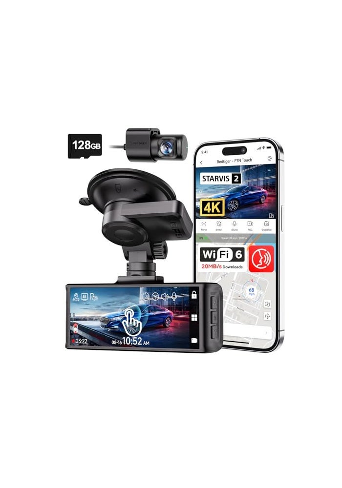 REDTIGER 4K STARVIS 2 Dash Cam Front and Rear 5GHz WiFi 20MBs Download 128GB Card Included Voice Control Dash Camera for Cars with 318 Touch Screen GPS Loop Recording Parking ModeF7N Touch - Image 1