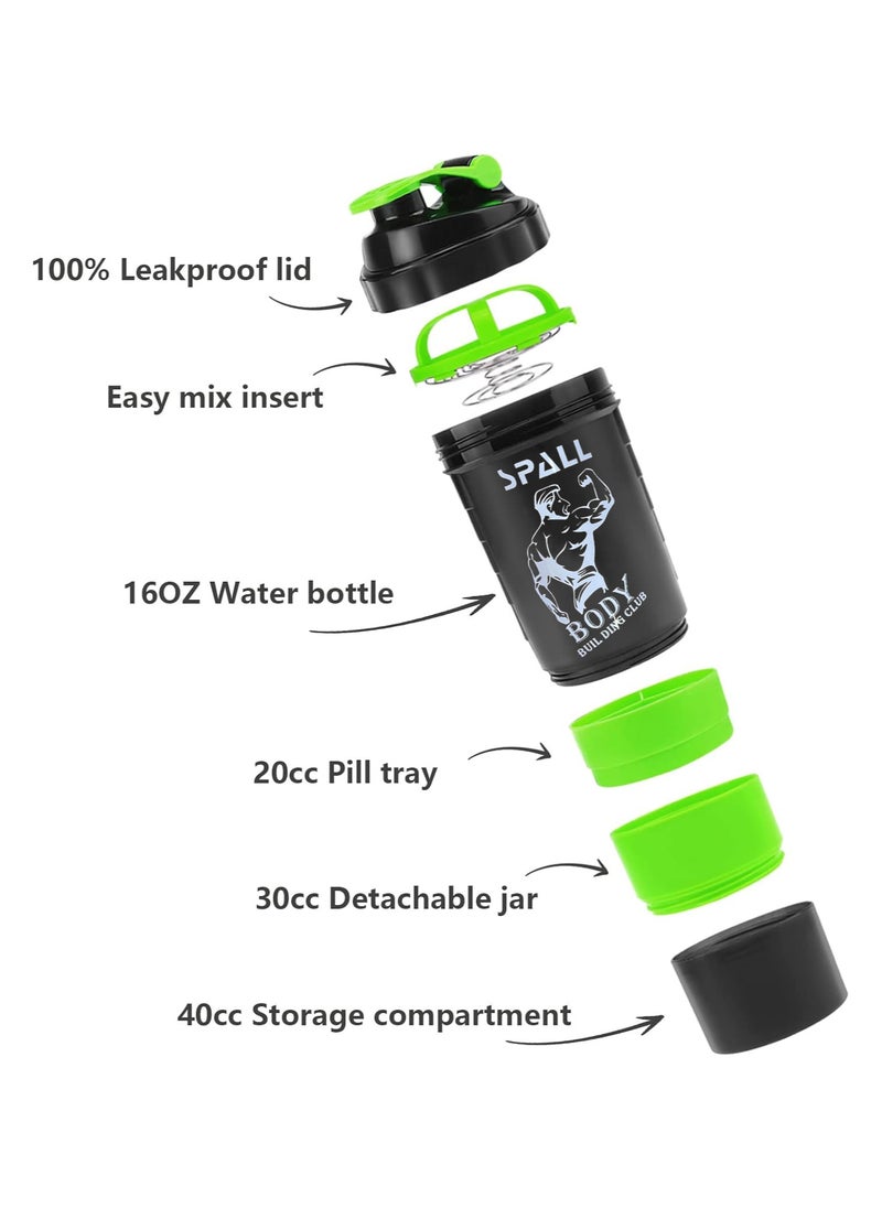 Spall - Protein Shaker Bottle Gym Shaker Cup For Protein Shakes 16oz Shake Botte With Shaker Ball And Storage Compartment Leak Proof BPA Free - Image 1