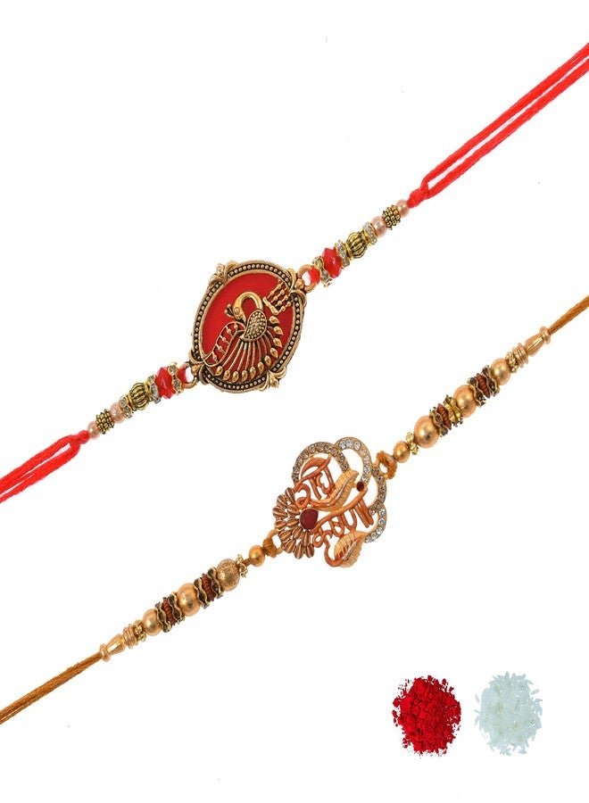PrideKraft | Designer Peacock Radha Krishna Rakhi Set | Rakhi For Brother Bhai Bhaiya Bro | 1 Roli Rice Pack | 1 Greeting Card, Multi - Image 2