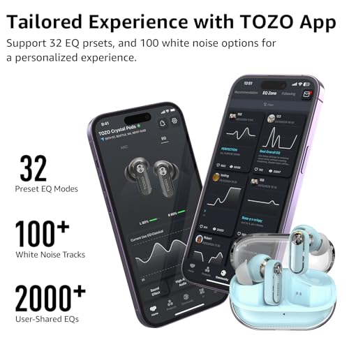 TOZO بودز كريستال من توزو، سماعات أذن لاسلكية مع خاصية إلغاء الضوضاء النشطة الهجينة، سائقين 10 مم، صوت ستيريو عميق، 4 ميكروفونات للمكالمات الذكية بتقنية ENC AI، 32 إعداد EQ عبر التطبيق، سماعات بلوتوث 5.4، تصميم علبة كريستالية. - Image 5