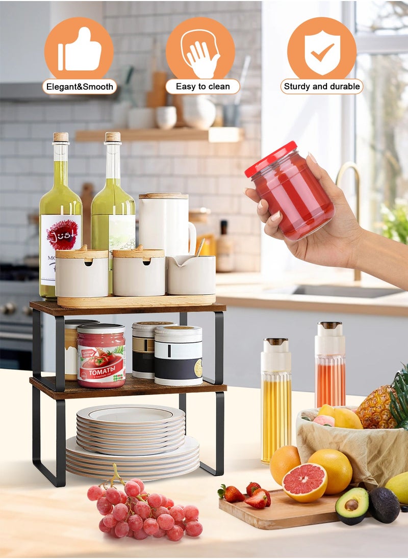 HomarKet Cabinet Organizer Shelf Set of 2 Kitchen Counter Shelves Kitchen Storage Spice Rack Stackable Expandable Metal and Engineered Wood Brown and Black  - Image 2
