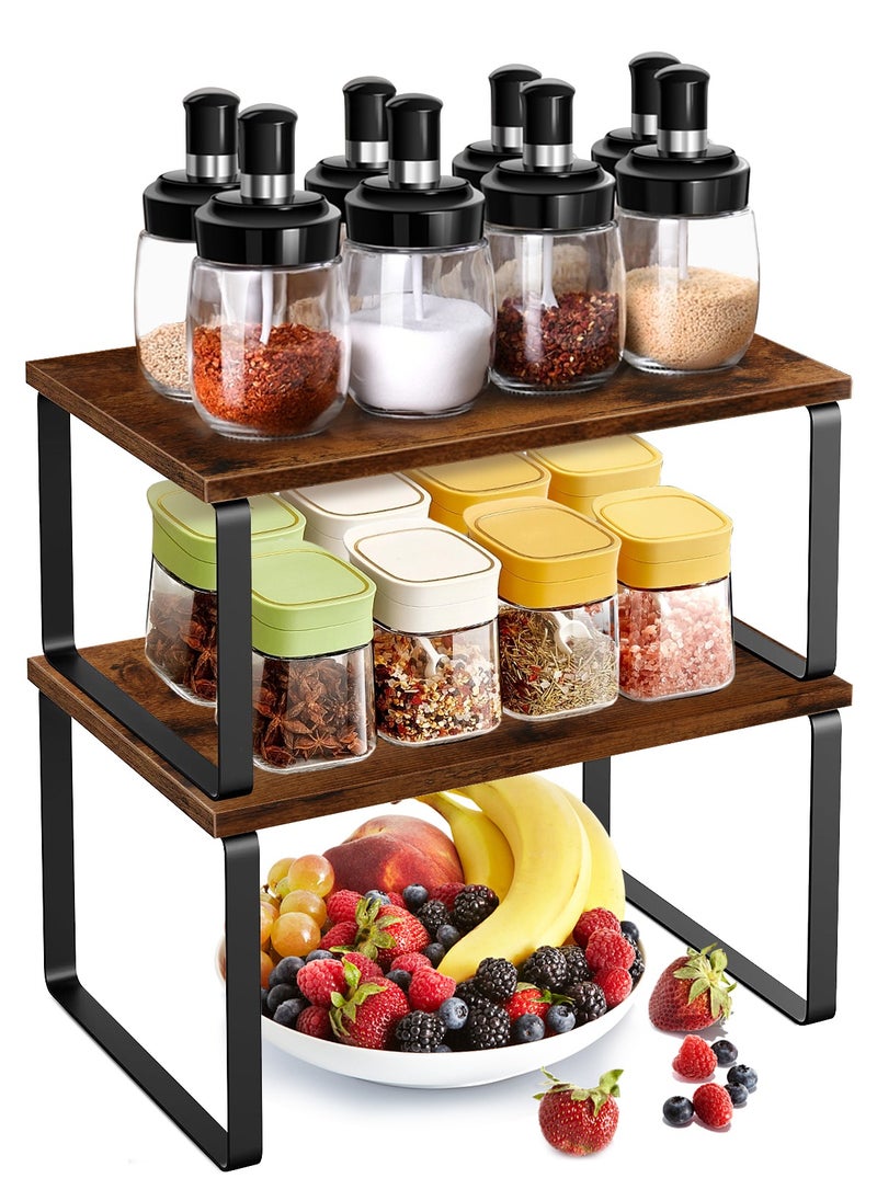 HomarKet Cabinet Organizer Shelf Set of 2 Kitchen Counter Shelves Kitchen Storage Spice Rack Stackable Expandable Metal and Engineered Wood Brown and Black  - Image 1