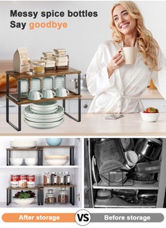 HomarKet Cabinet Organizer Shelf Set of 2 Kitchen Counter Shelves Kitchen Storage Spice Rack Stackable Expandable Metal and Engineered Wood Brown and Black  - Image 4