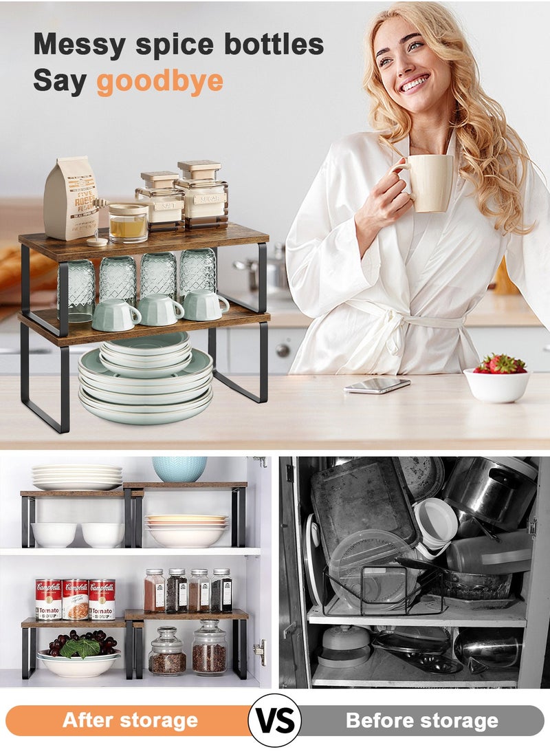 HomarKet Cabinet Organizer Shelf Set of 2 Kitchen Counter Shelves Kitchen Storage Spice Rack Stackable Expandable Metal and Engineered Wood Brown and Black  - Image 4