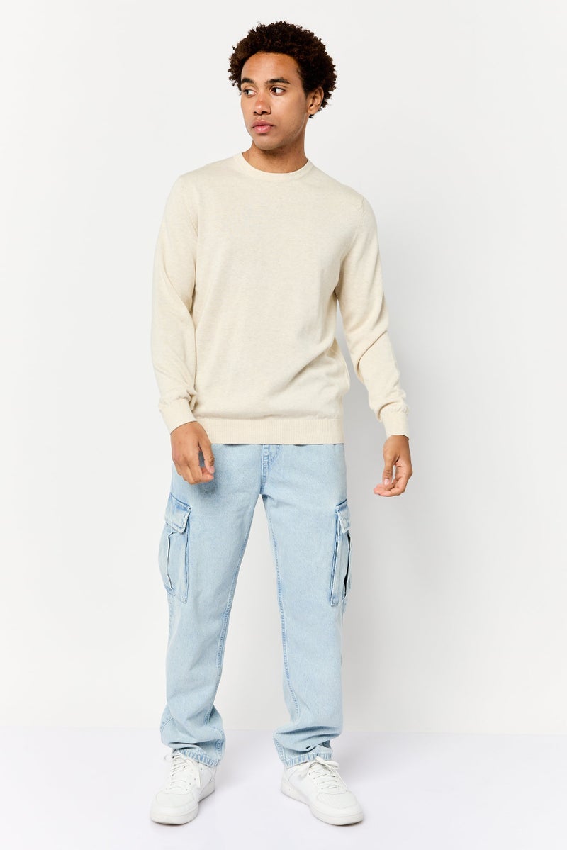 Celio Men Crew Neck Heather Long Sleeves  Sweatshirt, Cream - Image 2