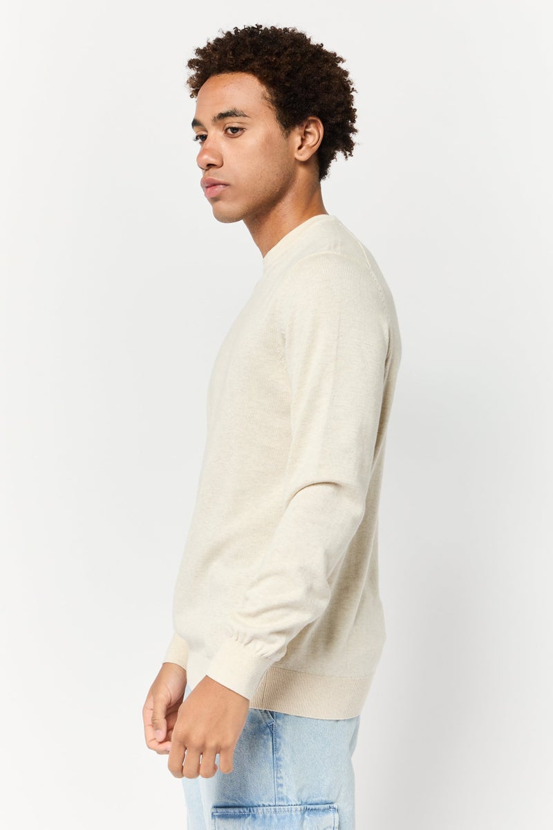 Celio Men Crew Neck Heather Long Sleeves  Sweatshirt, Cream - Image 3