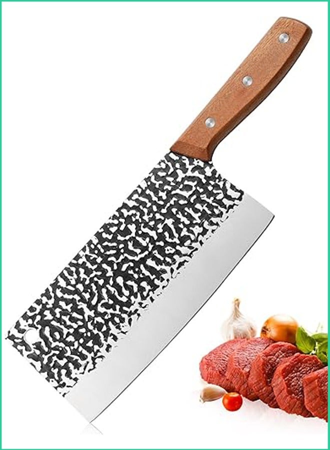 Premium Meat Cleaver Knife Stainless Steel Blade with Hammered Finish & Wooden Handle – Heavy Duty Butcher Knife for Cutting Meat and Vegetables | Durable, Sharp, Kitchen Chef Tool UAE  - Image 1