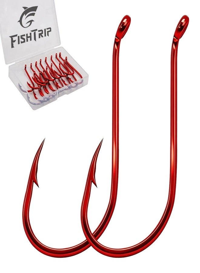 FishTrip Octopus Hooks Fishing Saltwater - 100pcs Offset Beak Fish Hooks/Closed Eye/Barded/Red for Fishing Rigs Bass Catfish - Image 1