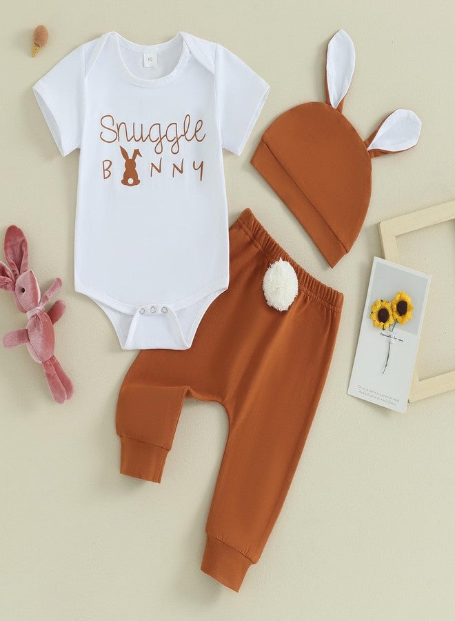 Karuedoo Newborn Baby Boy Easter Outfit Letter Print Short Sleeve Romper Pompom Tail Long Pants with Hat 3Pcs Clothes Set(A-White, 3-6 Months) - Image 2