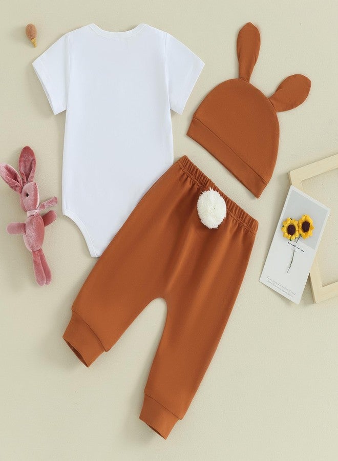 Karuedoo Newborn Baby Boy Easter Outfit Letter Print Short Sleeve Romper Pompom Tail Long Pants with Hat 3Pcs Clothes Set(A-White, 3-6 Months) - Image 3