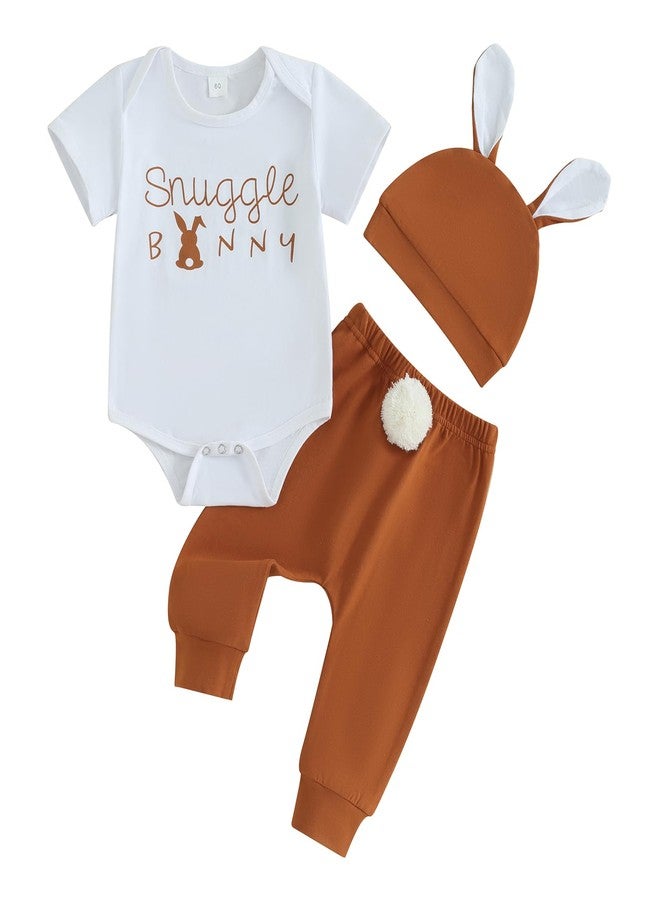 Karuedoo Newborn Baby Boy Easter Outfit Letter Print Short Sleeve Romper Pompom Tail Long Pants with Hat 3Pcs Clothes Set(A-White, 3-6 Months) - Image 1